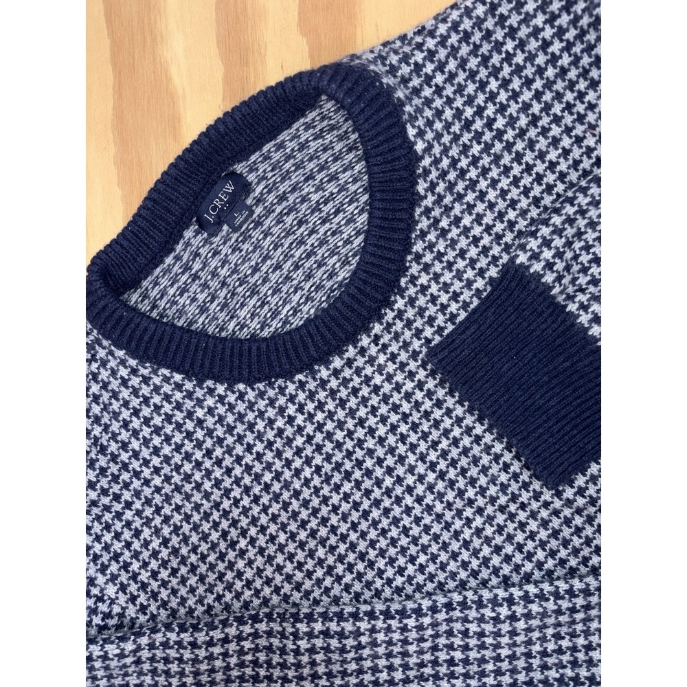J.Crew Sweater Large Navy Gray Houndstooth Lambs Wool Blend Crewneck Pullover‎